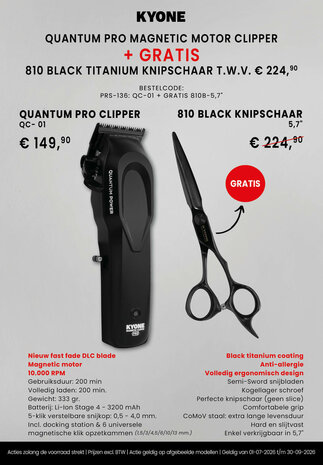Kyone actie Quantum pro Magnetic motor clipper met gratis 810 black titanuim schaar twv 224